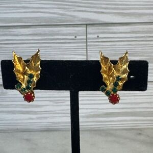 Vintage Christmas Holly Rhinestone Earrings  Clip On Goldtone Red Green Stones